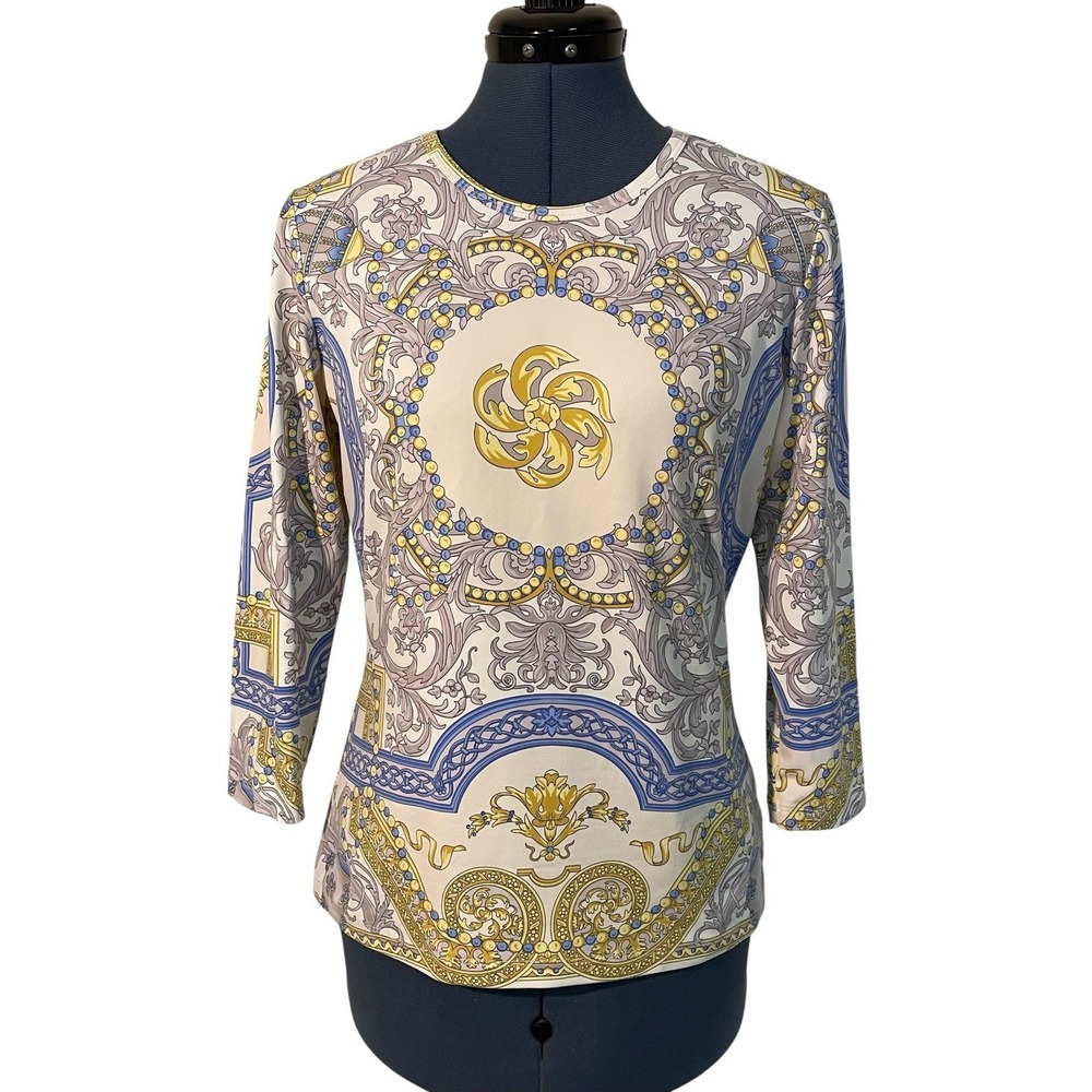 J McLaughlin Sig‎ T Paisley Damask Regal Yellow Blue Gray Quiet Luxury Top M